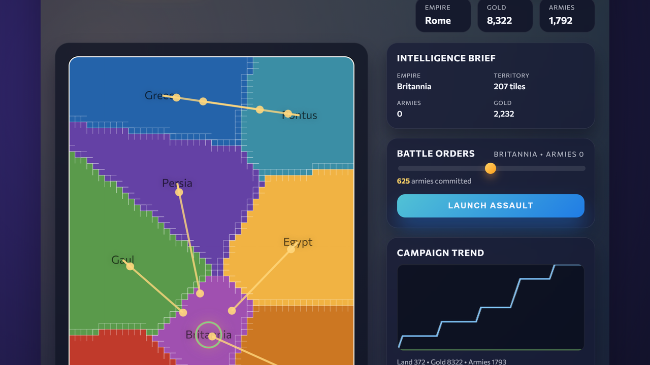 Eight empires on a generated Voronoi map, with an assault being ordered.