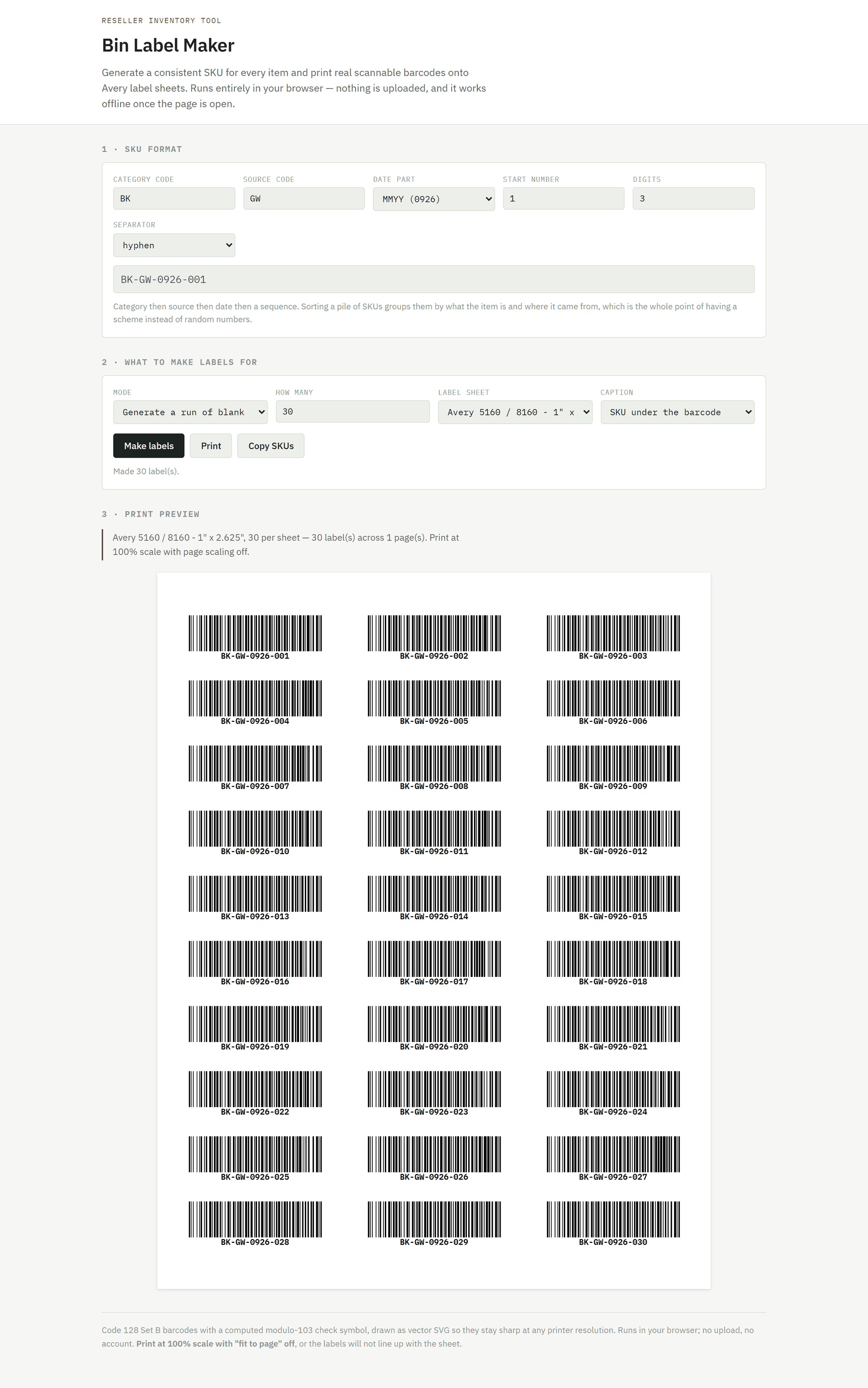 Thirty labels on an Avery 5160 sheet, SKUs 001 through 030.