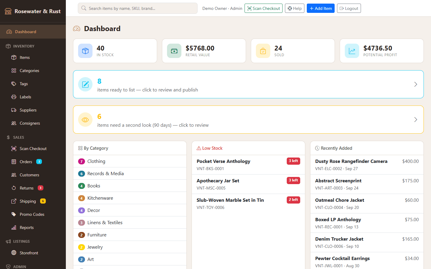 The dashboard: stock, retail value, sold count, potential profit, items to list, second-look items, categories, low stock and recently added.
