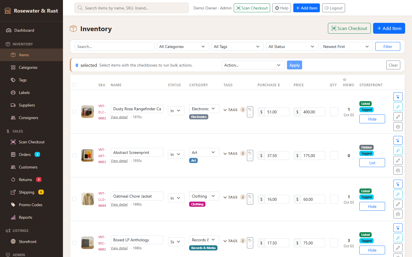 The inventory grid with inline status, category, tags, cost and price fields.