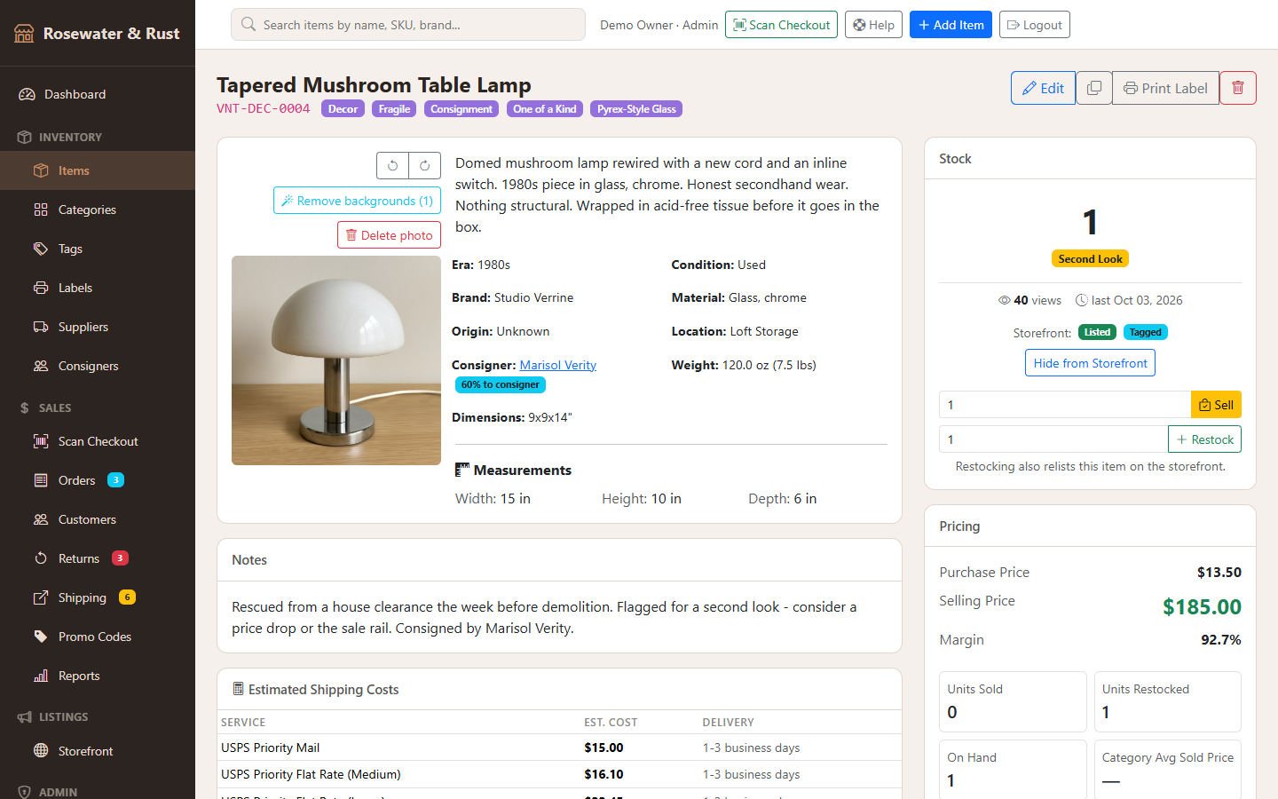 An item page with photo, era, condition, brand, material, consigner split, stock and pricing.