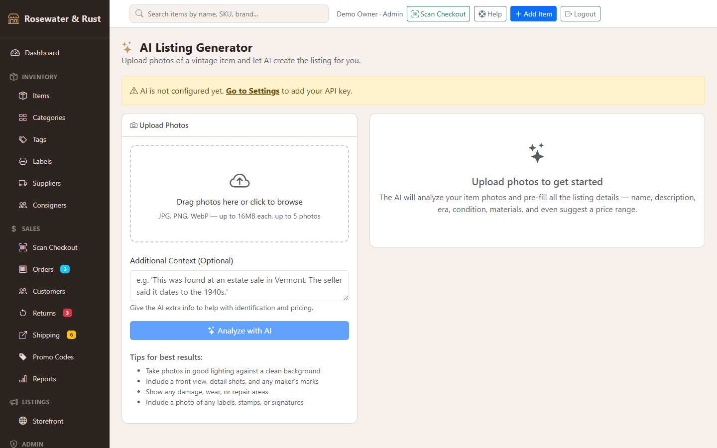 The AI listing generator: drop photos and add context, with a notice that no API key is configured.