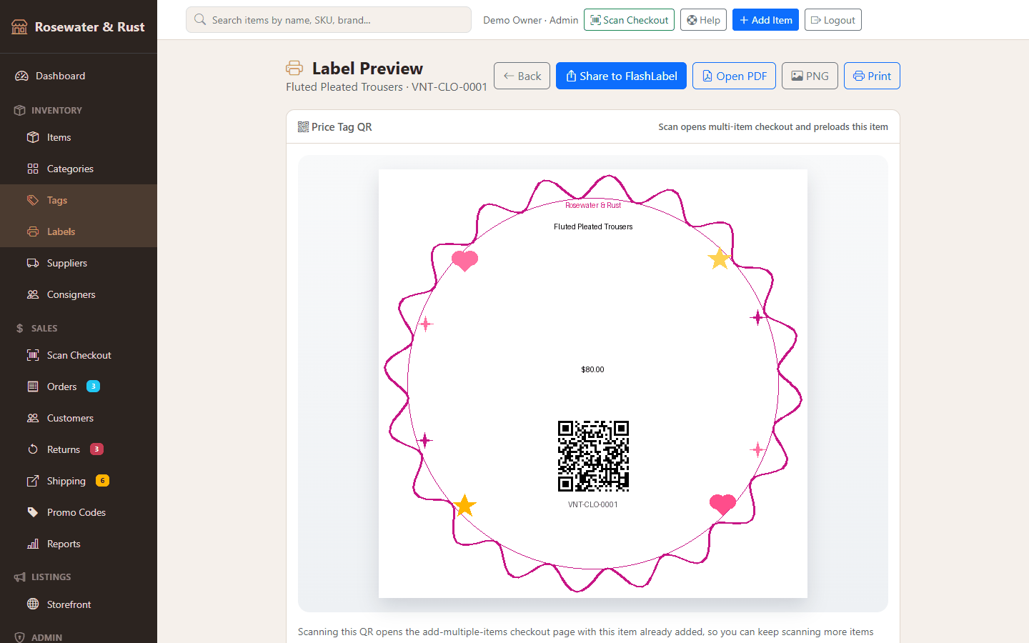 A round QR price tag for a clothing item.