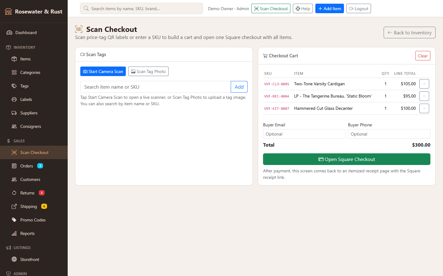 The scan checkout page with three items in the cart and an Open Square Checkout button.