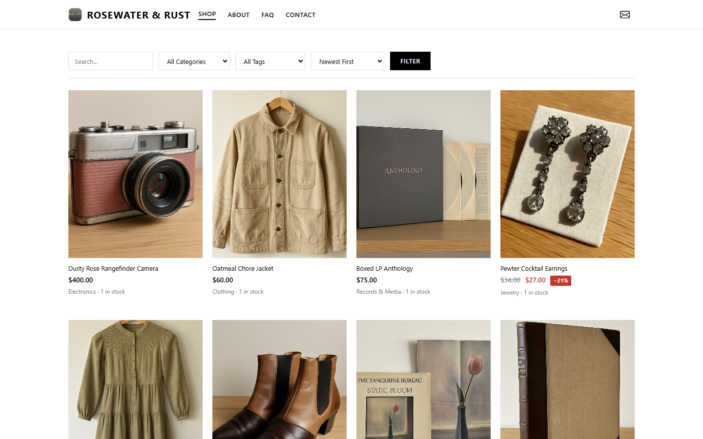 The public storefront product grid with filters.