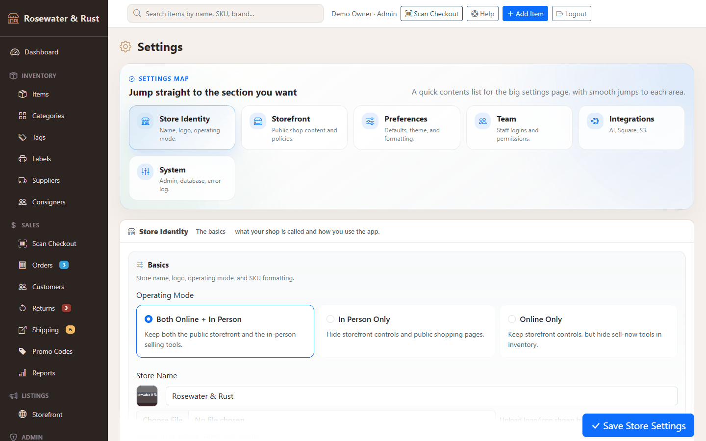 Settings: store identity, operating mode (both, in person only, online only) and integrations.
