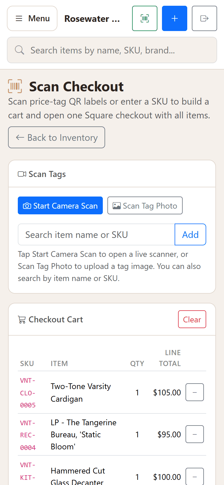 The scan checkout page on a phone.