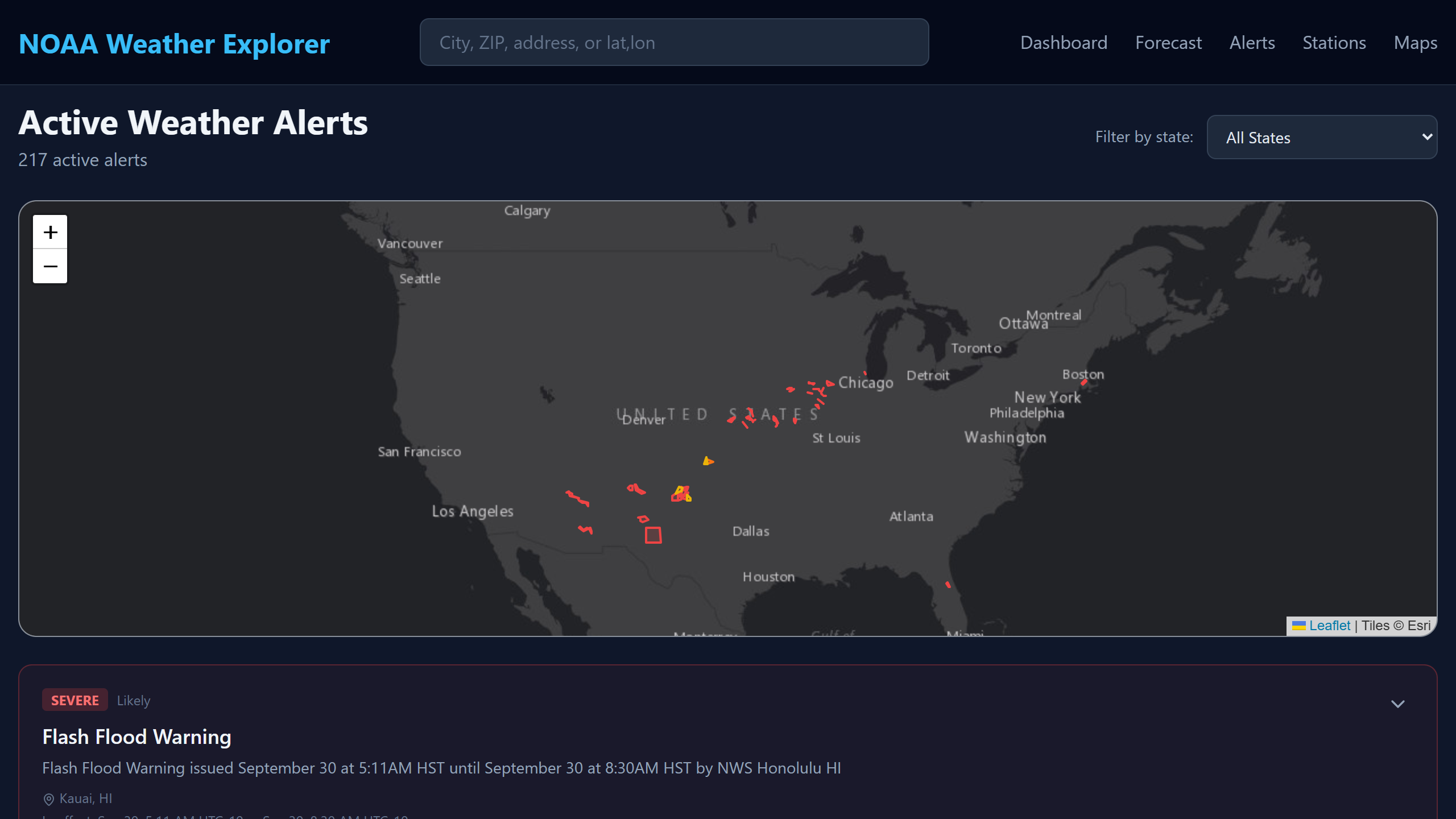 Every active alert in the country, sorted most serious first &mdash; 217 of them at capture time, topped b