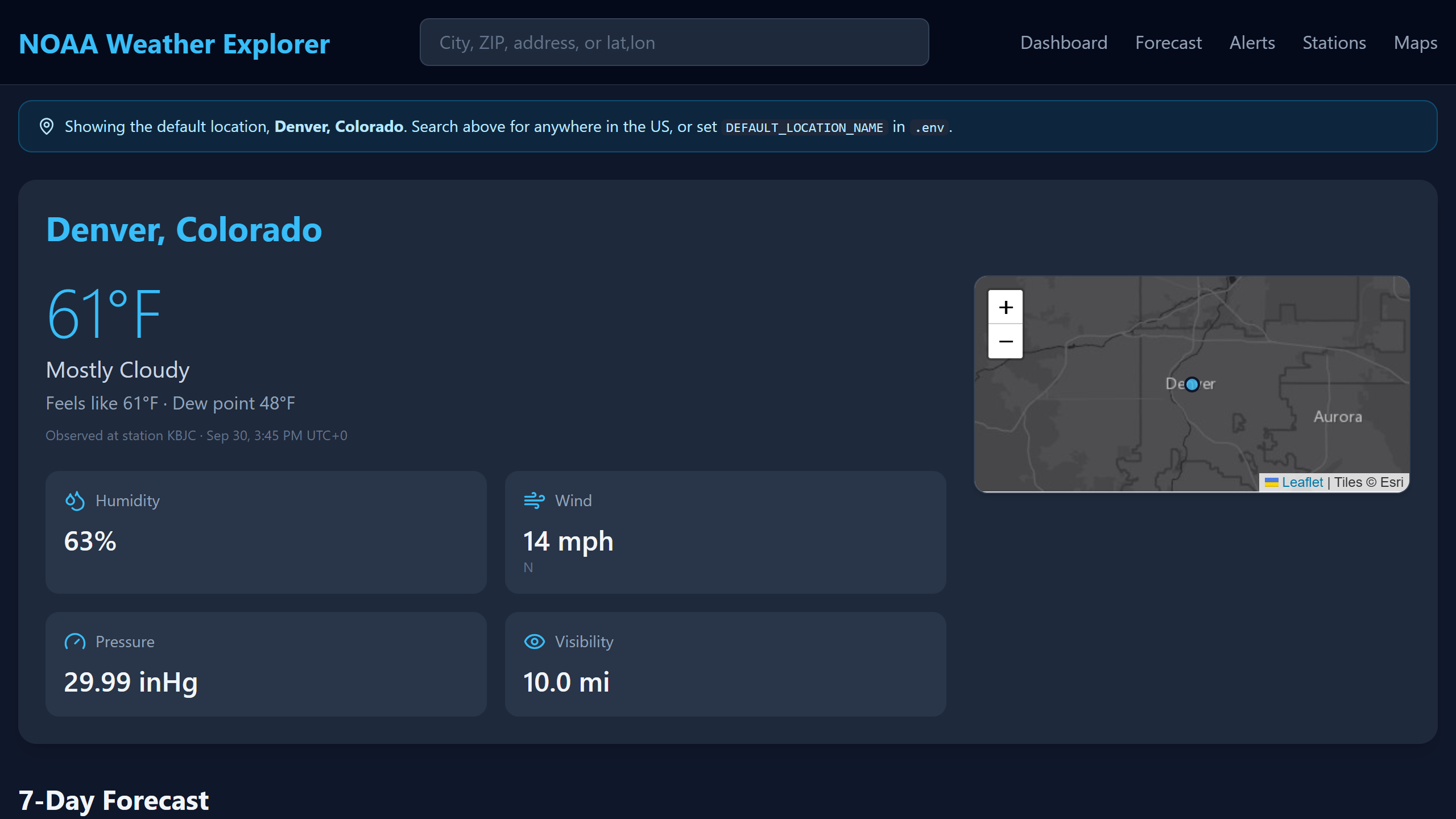 First run, no setup: live conditions for the configured default location