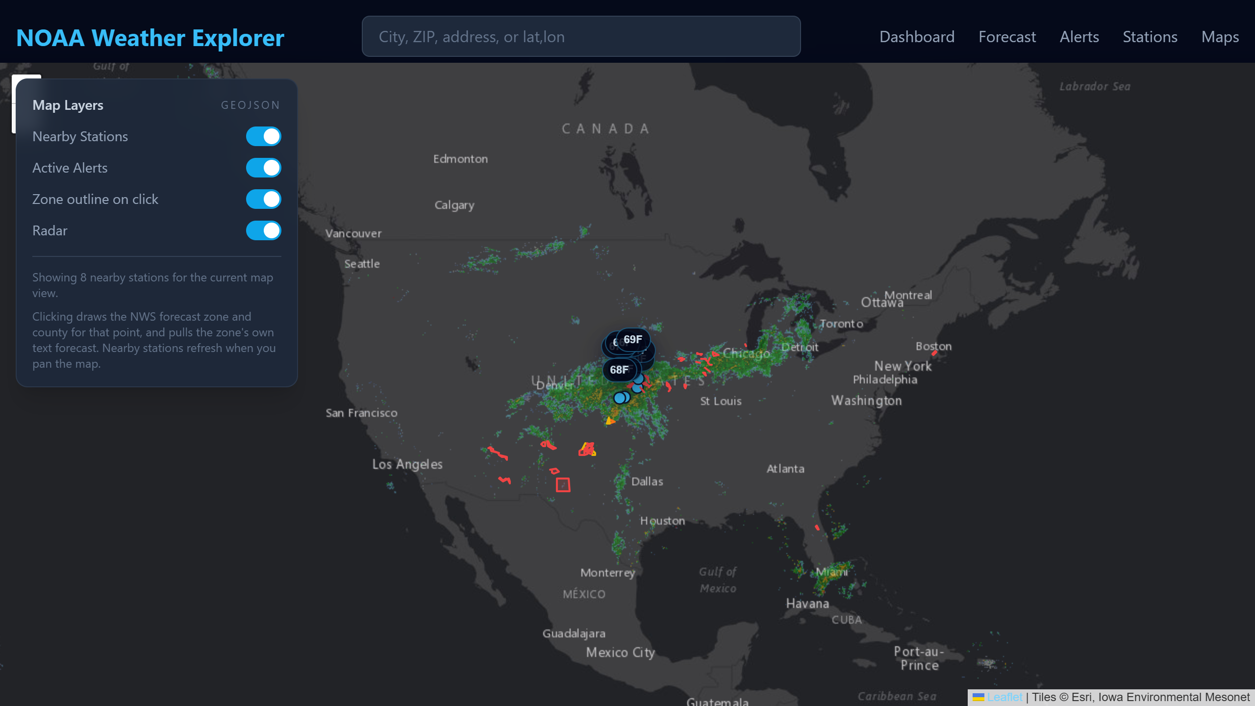 Live NEXRAD radar mosaic, alert polygons, and nearby-station temperature labels that refresh as you pan