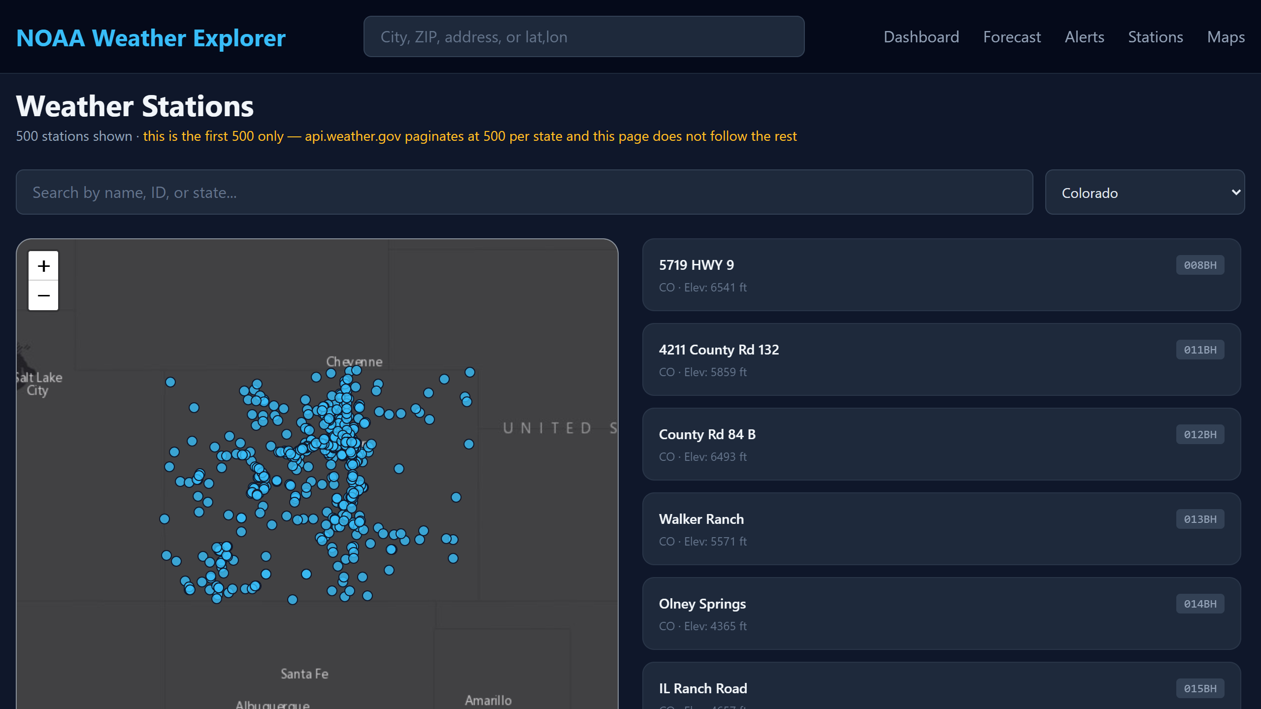 The station browser for one state, mapped with elevations