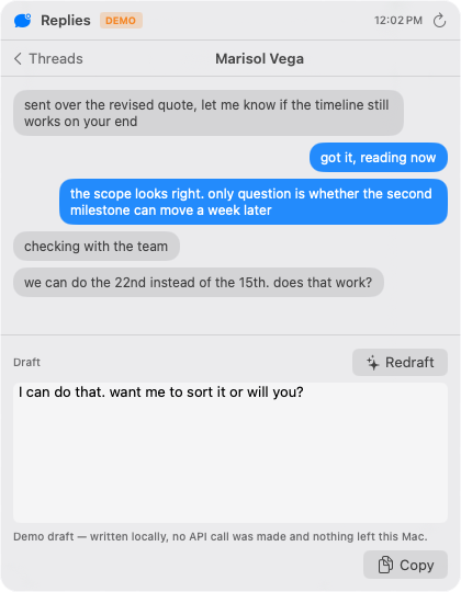 A thread with a drafted reply