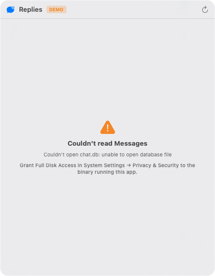 What you see before granting Full Disk Access: a named error and the exact setting to change, rather than an e