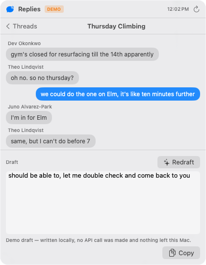 Group threads name each speaker, so a draft can answer the right person